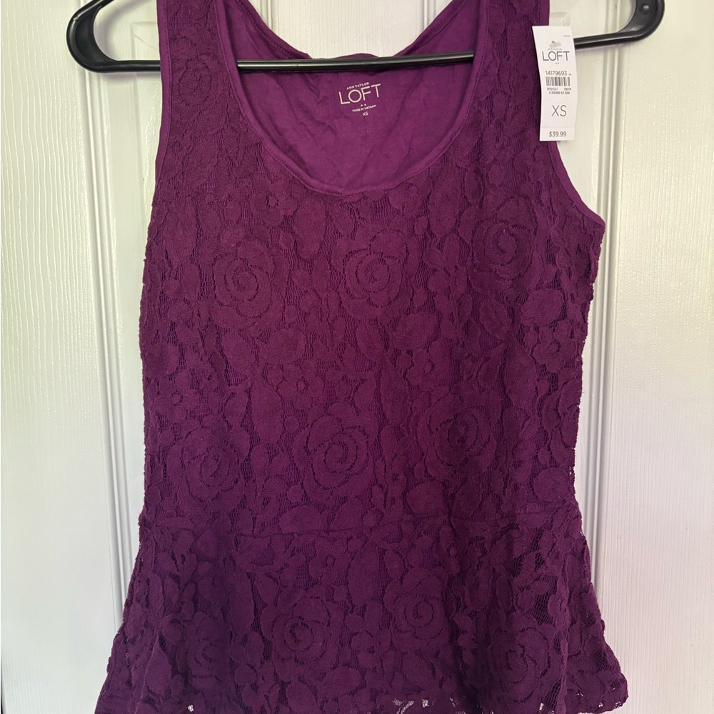 LOFT Peplum Purple Tank Top with Lace Overlay